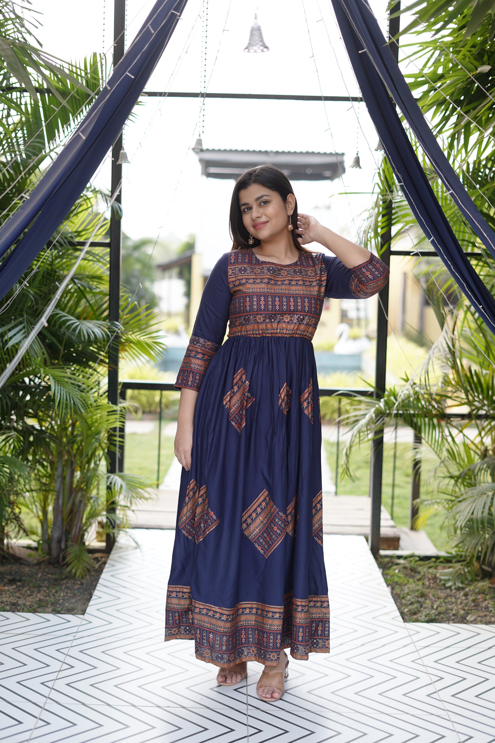 Elegant Gold Printed Blue Maxi Dress - Main Image