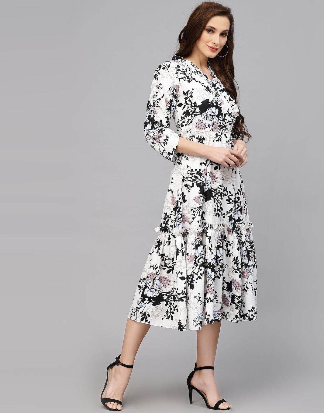 Women Blue Floral Square Neck Short Dress