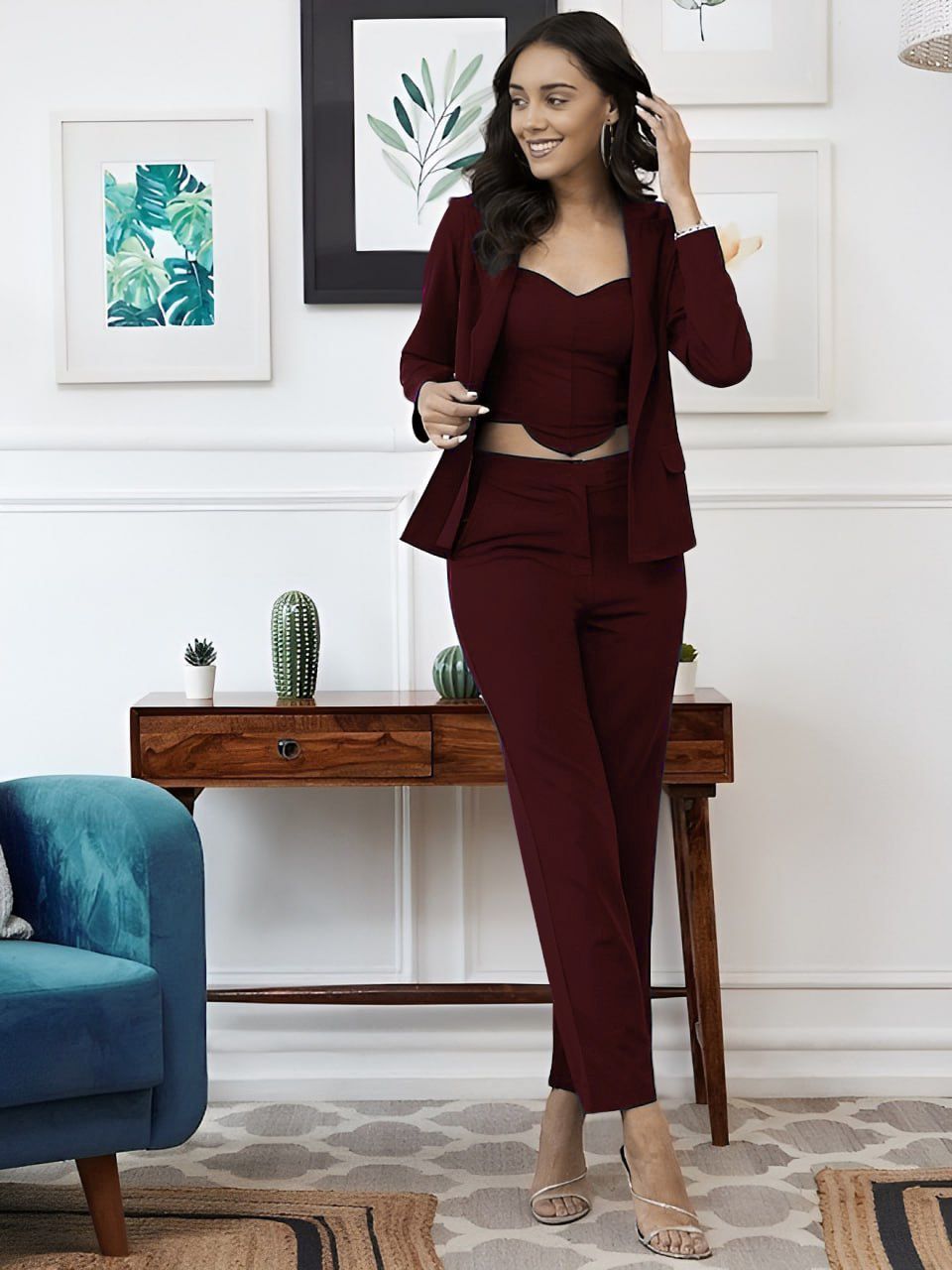 Sophisticated Brown Co-ord Set with Collared Top & Blazer
