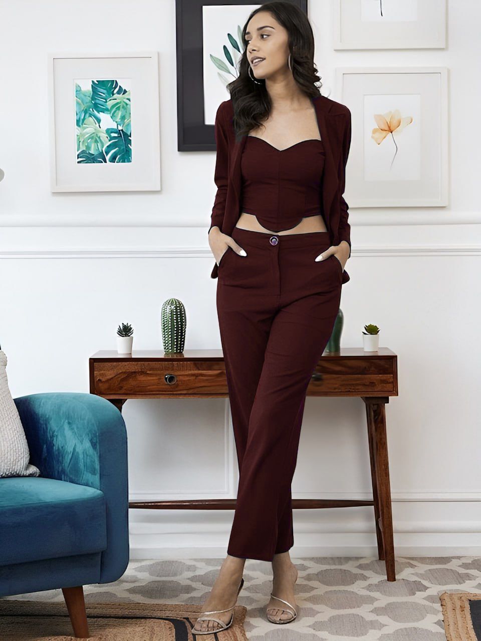 Sophisticated Brown Co-ord Set with Collared Top & Blazer