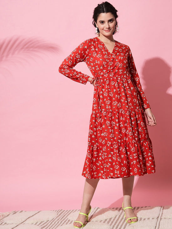 Red & White Floral Printed Midi Knee Length Dress by Wyshlist