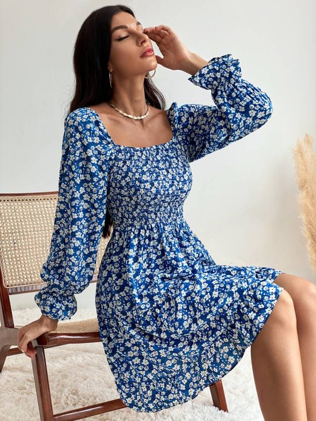 Floral Square Neck Short Dress