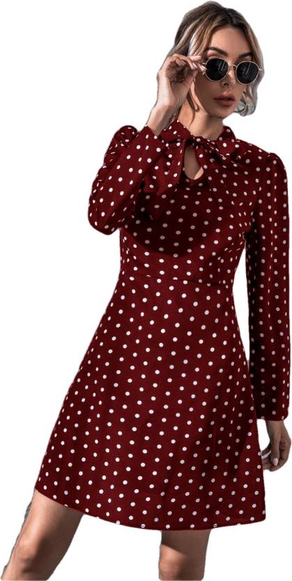 Maroon Polka A-Line Mini Dress