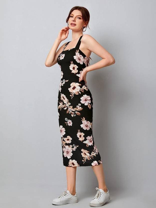 Black square neck bodycon dress shop
