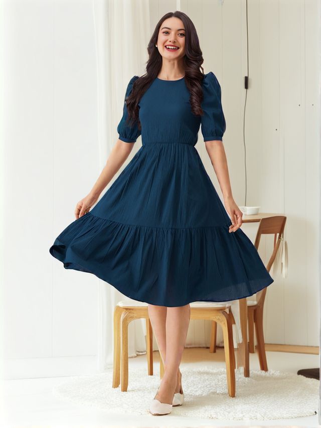 Formal Fit And Flare Dresses With Sleeves Blue Knee Length Fit And