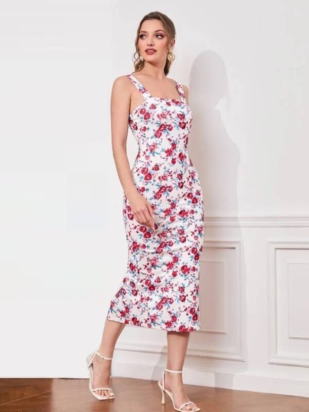 White Lycra Printed Square Neck Bodycon Dress