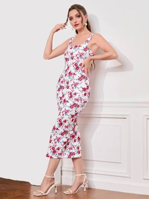 White Lycra Printed Square Neck Bodycon Dress