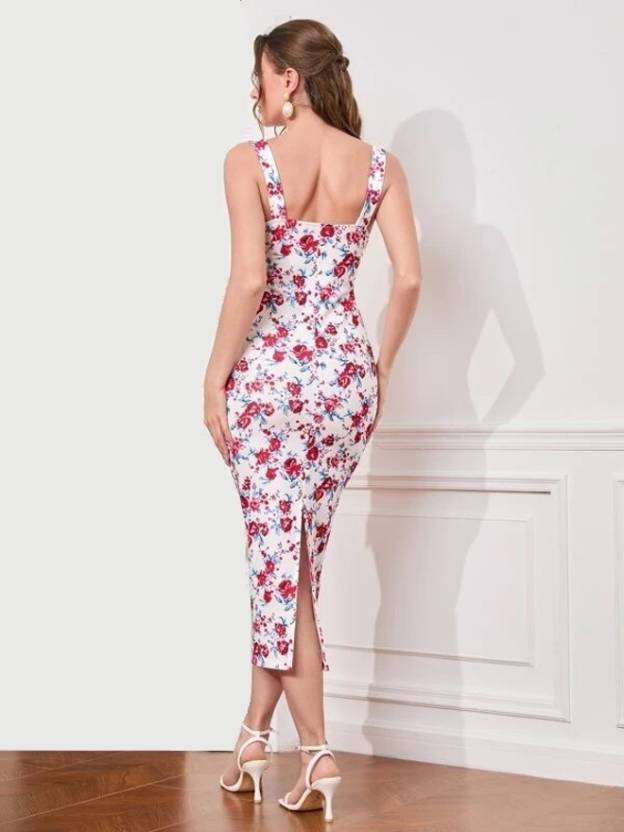 White Lycra Printed Square Neck Bodycon Dress