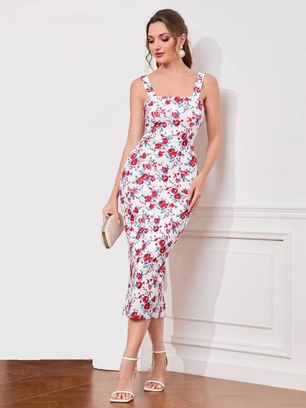 White Lycra Printed Square Neck Bodycon Dress