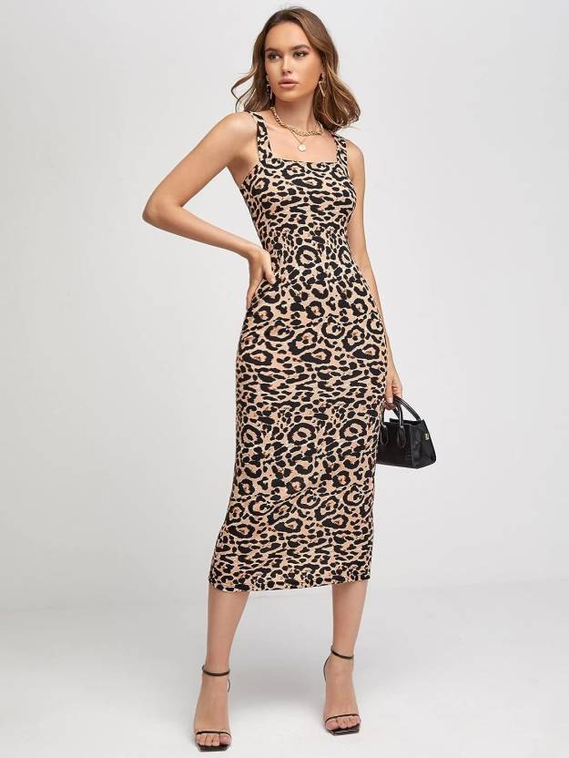 Black Lycra Printed Square Neck Bodycon Dress