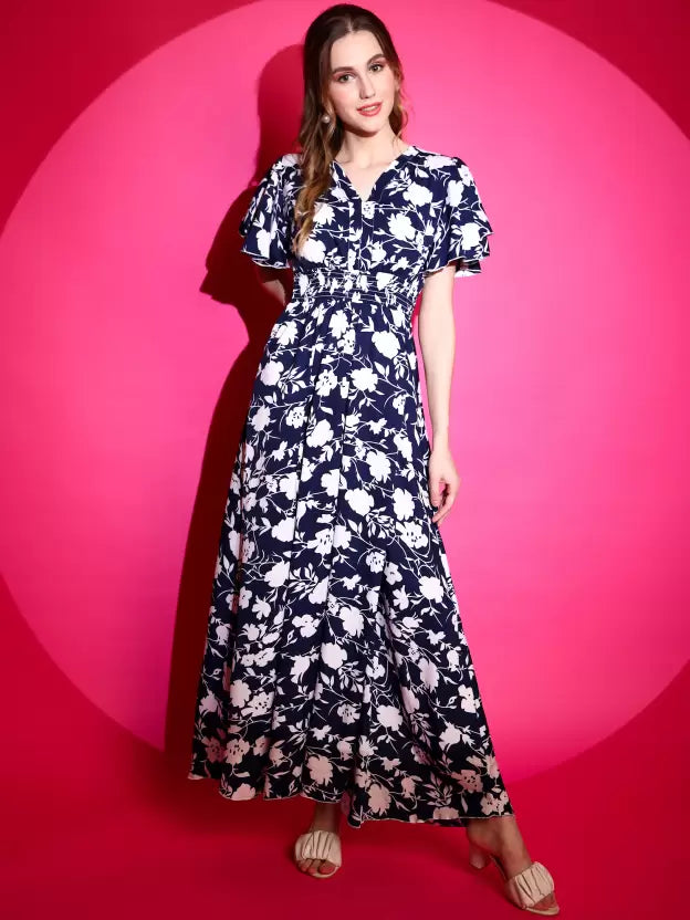 Midnight Blossom Fit and Flare Maxi Dress