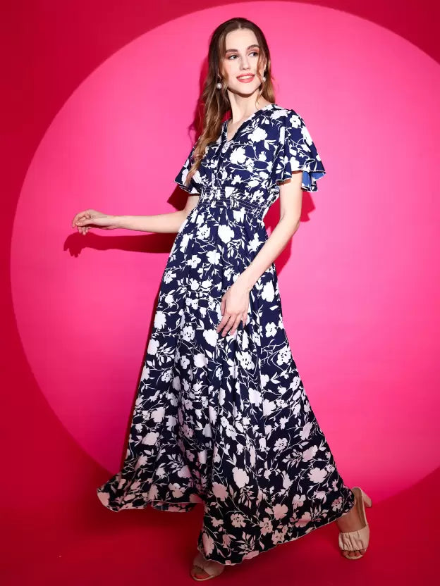 Midnight Blossom Fit and Flare Maxi Dress