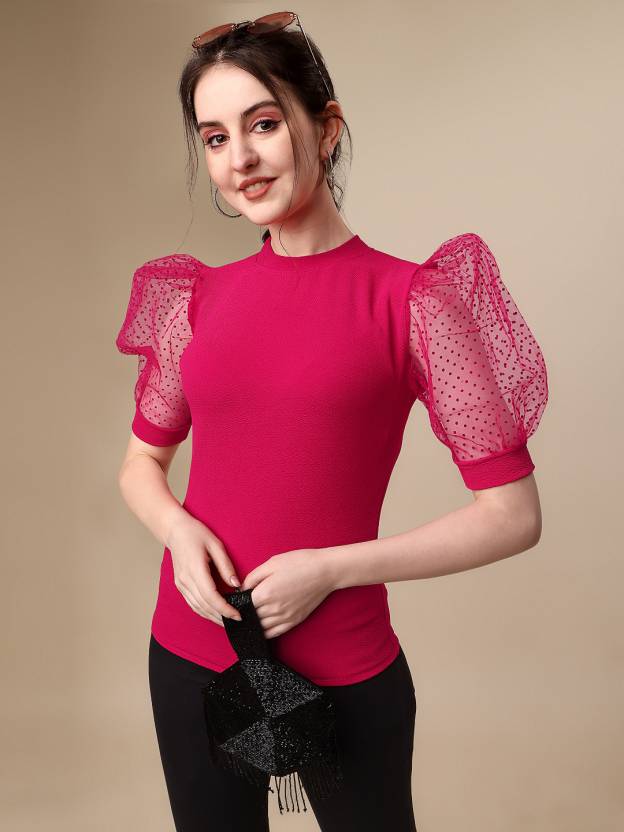 Elegant High-Neck Solid Woven Regular Top